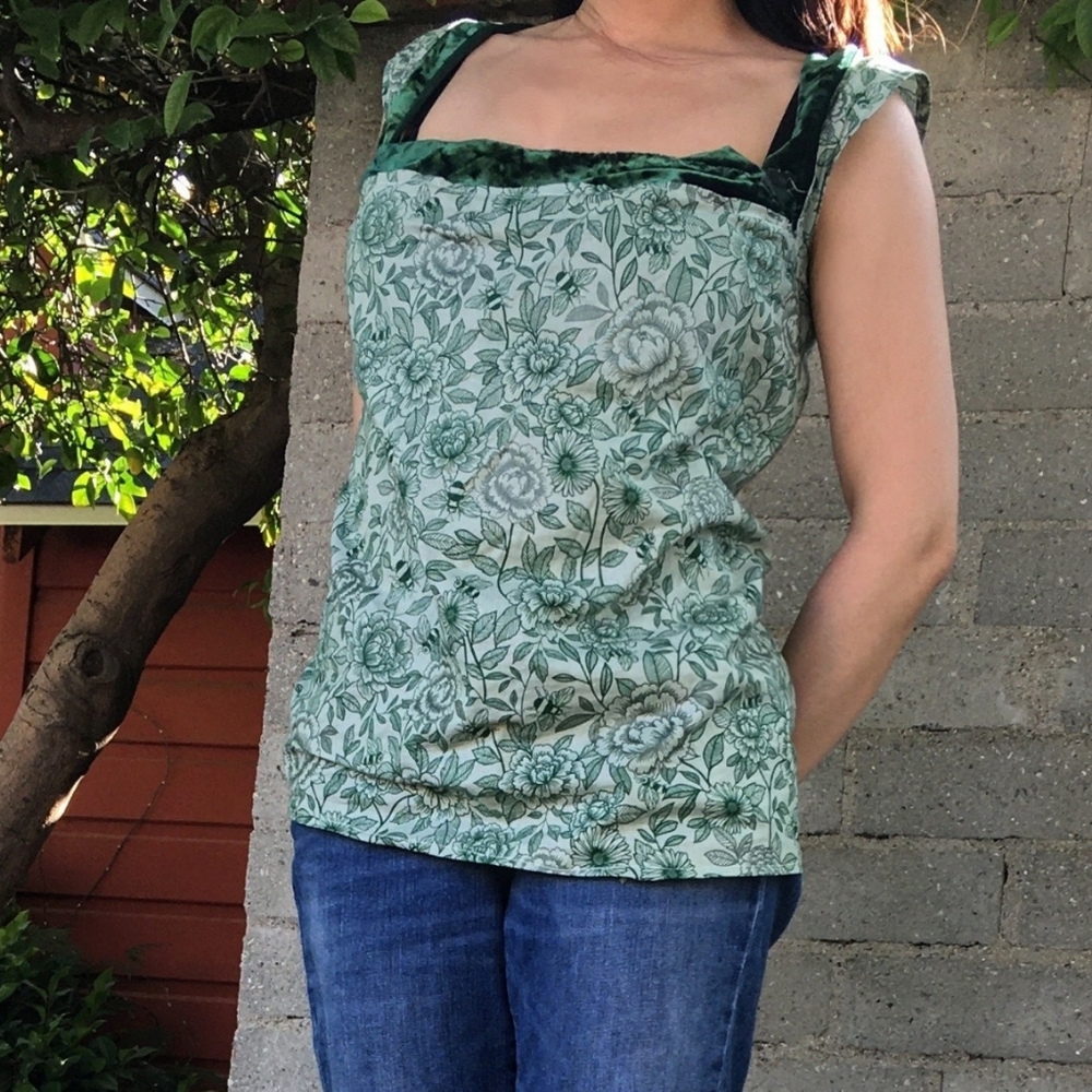 Velvet Trim Floral Prairie Blouse, Green Cottage Core Boho Blouse, Prairiecore